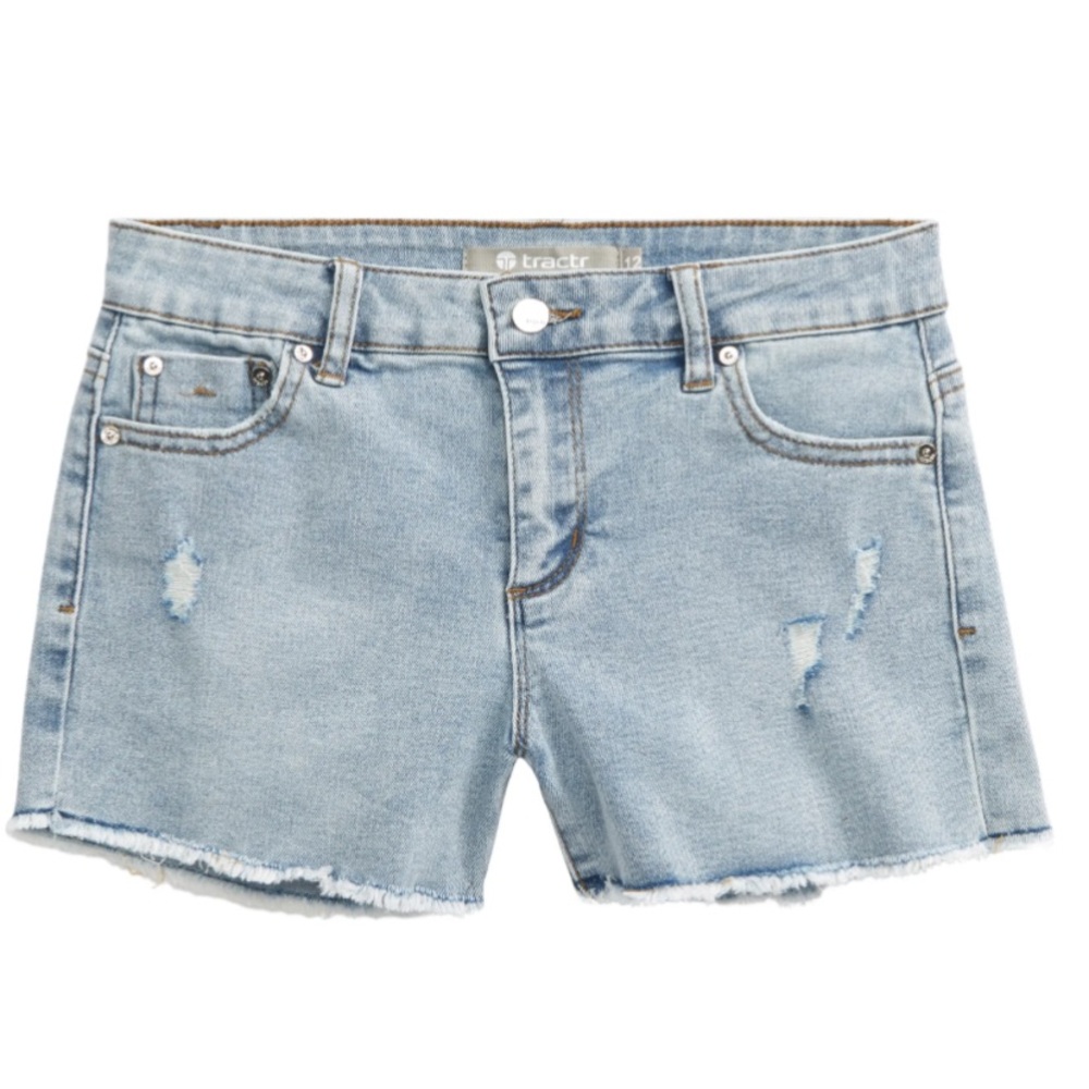 Girls TRACTR Distressed Denim Shorts in Light-Medium Blue Wash, Size 14